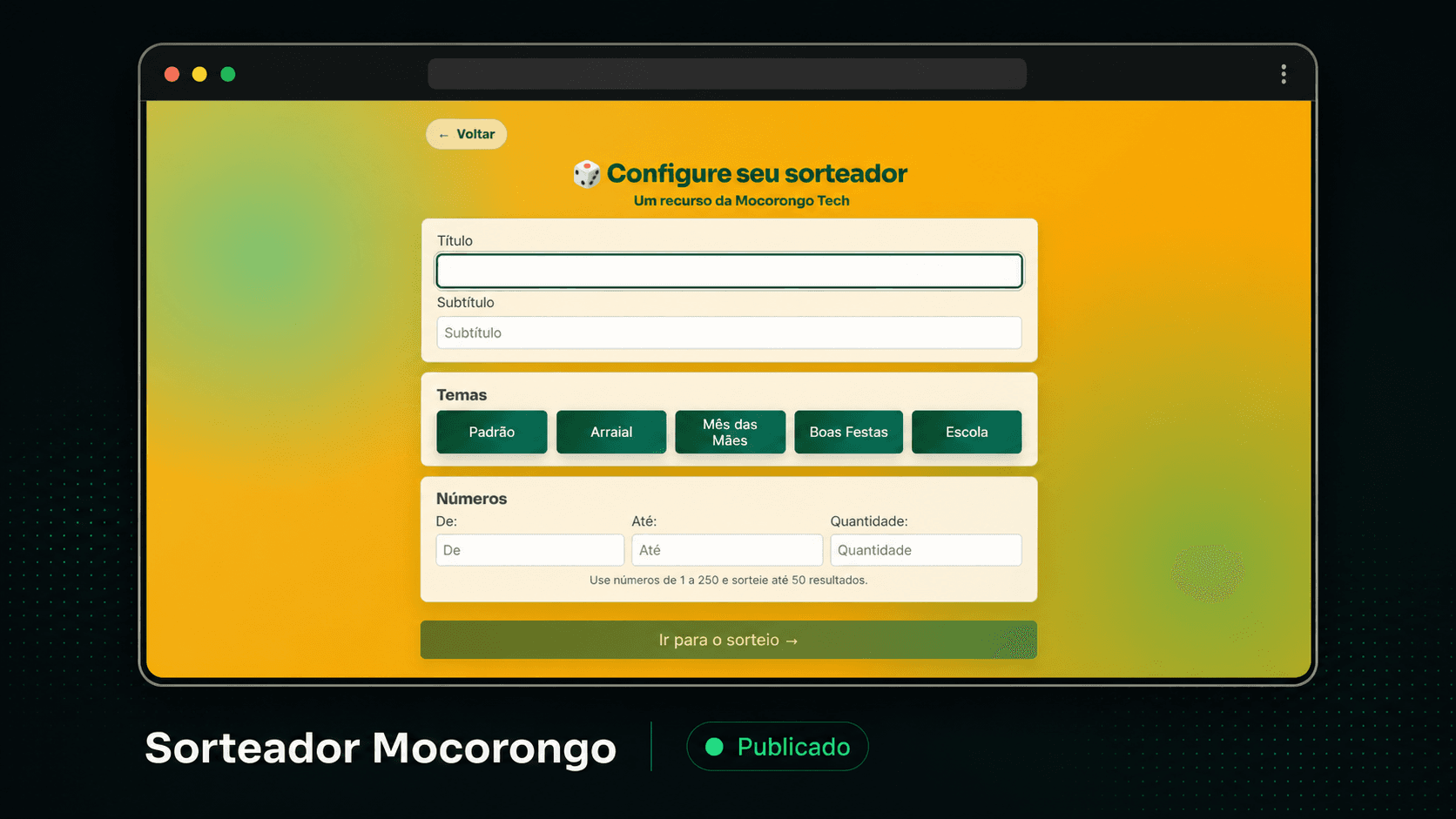 Tela de configuração do Sorteador Mocorongo